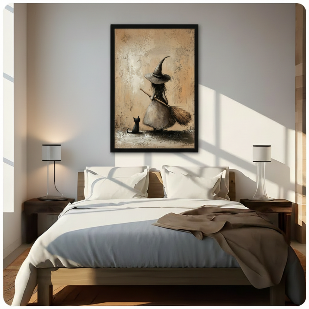 Vintage Witch Black Cat Whimsical Canvas Art Wall Art
