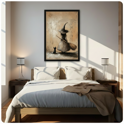 Vintage Witch Black Cat Whimsical Canvas Art Wall Art