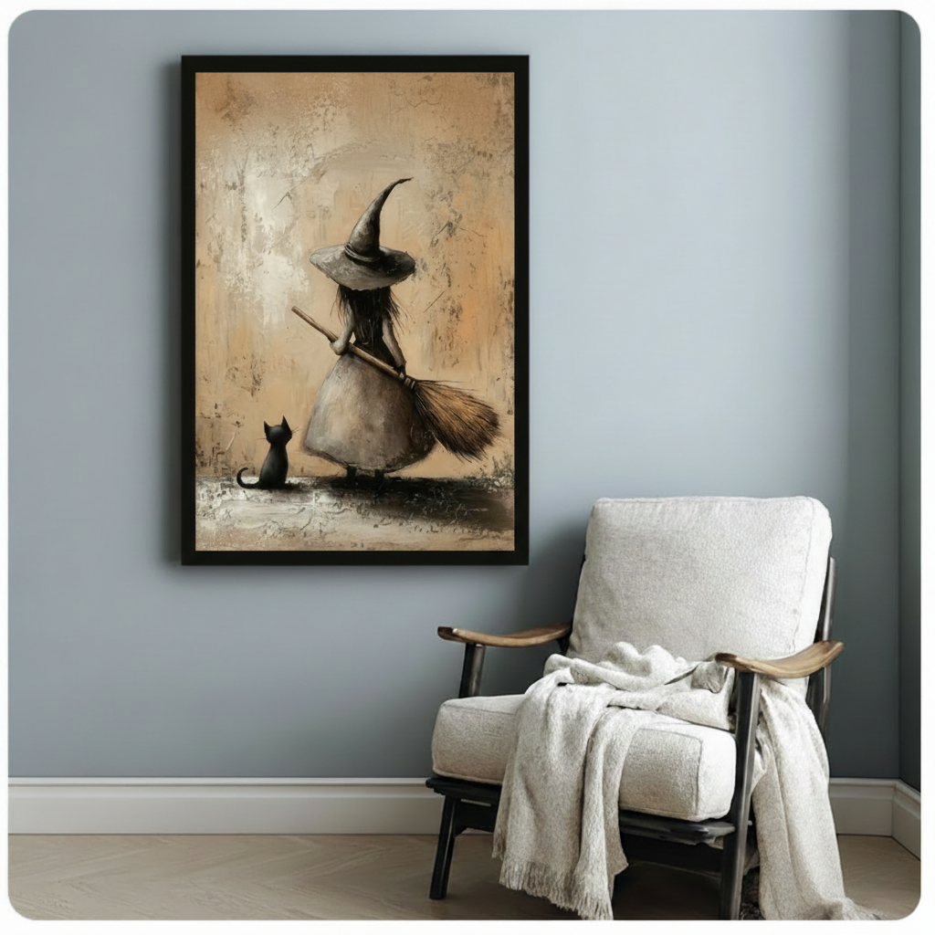Vintage Witch Black Cat Whimsical Canvas Art Wall Art
