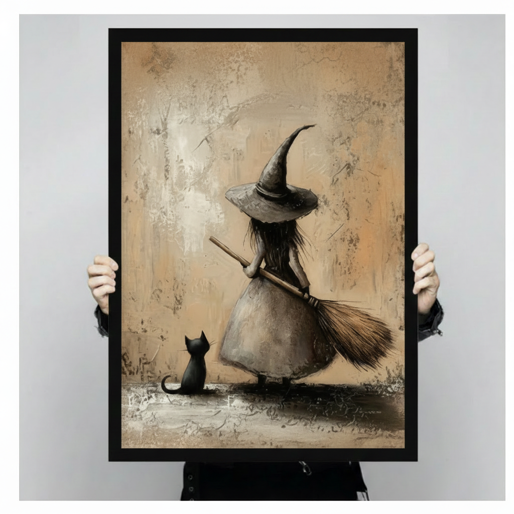 Vintage Witch Black Cat Whimsical Canvas Art Wall Art