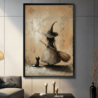Vintage Witch Black Cat Whimsical Canvas Art Wall Art