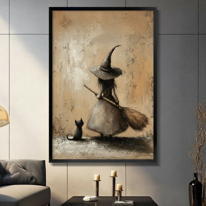 Vintage Witch Black Cat Whimsical Canvas Art Wall Art