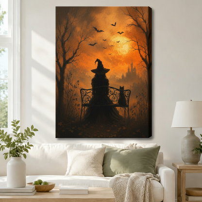Gothic Witch Black Cat Halloween Canvas Wall Art