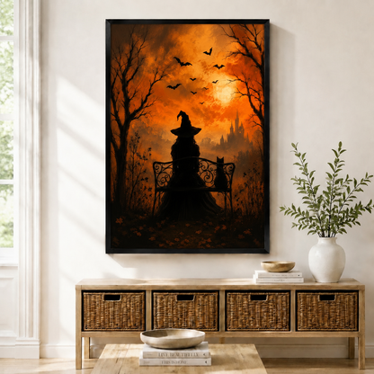 Gothic Witch Black Cat Halloween Canvas Wall Art