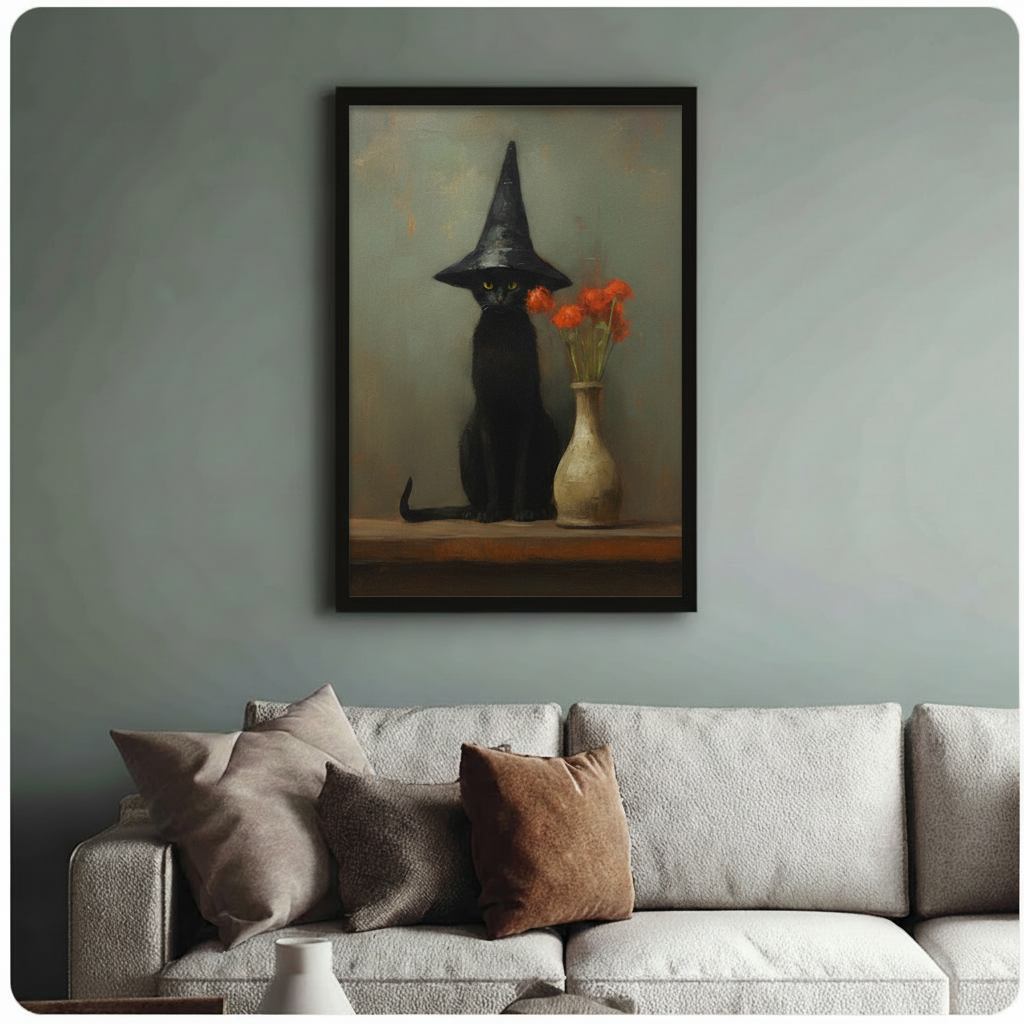 Witch Hat Black Cat Vintage Canvas Wall Art