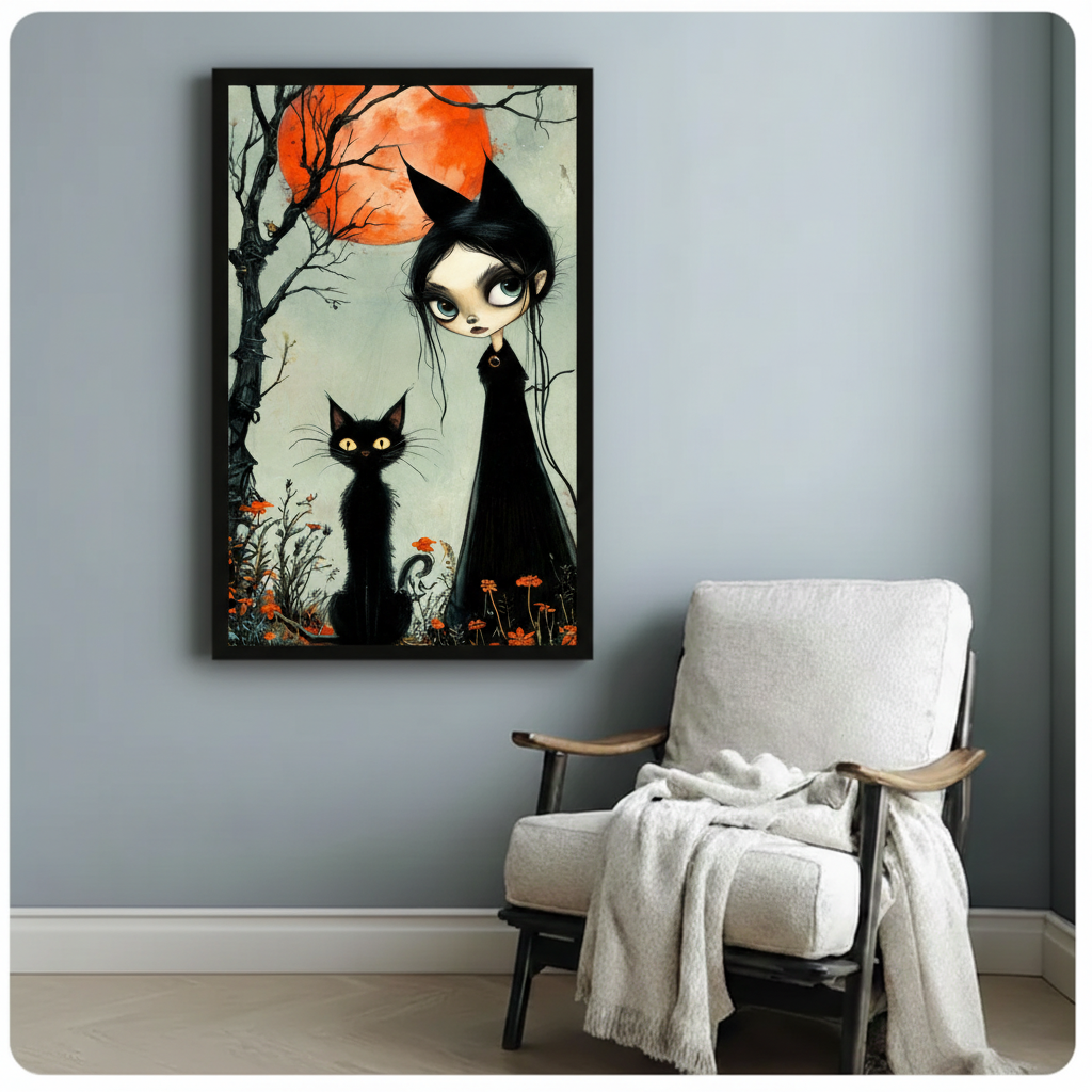 Gothic Witch Cat Spooky Wall Canvas Wall Art
