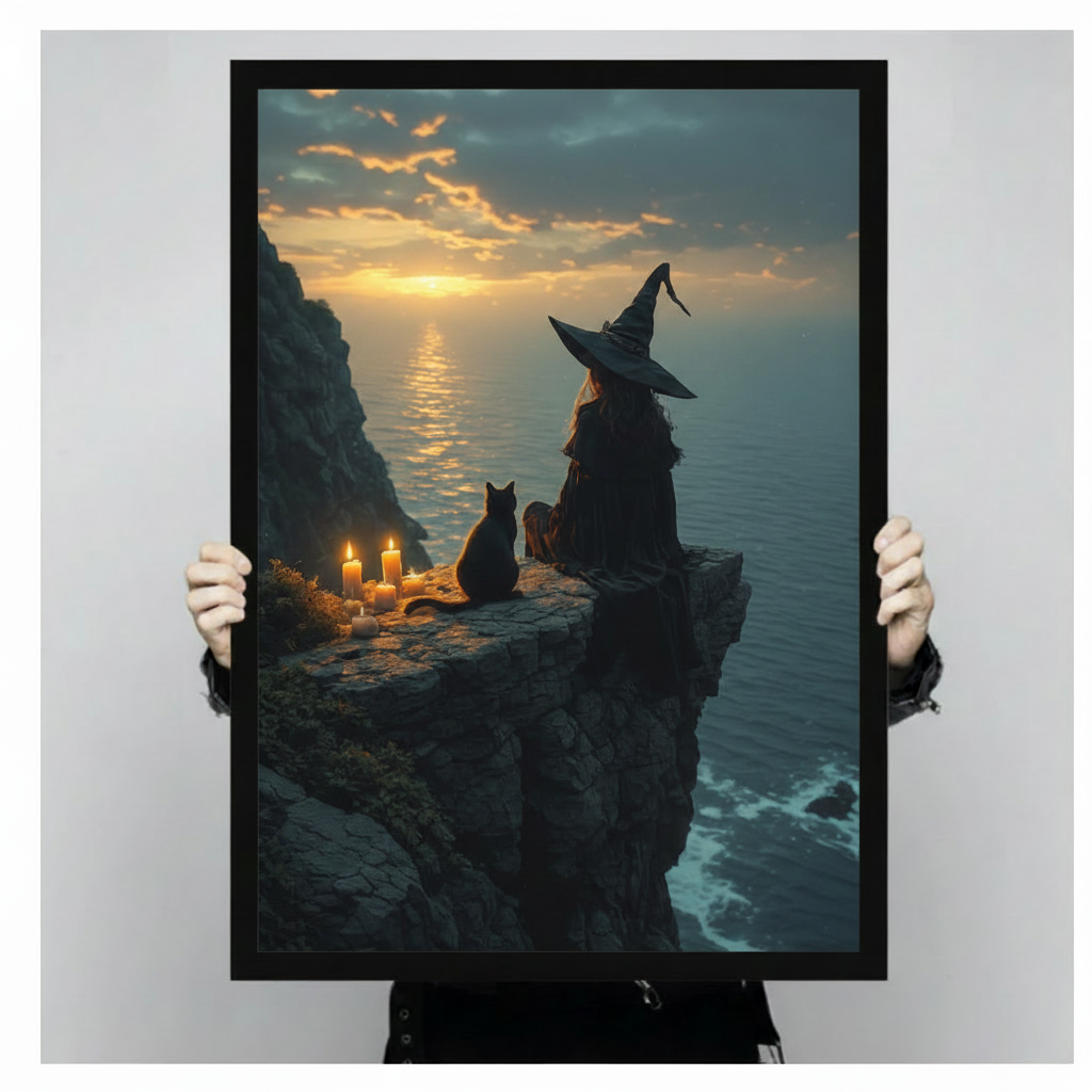 Witch & Black Cat Cliff Sunset Gothic Canvas Art