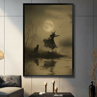 Vintage Witch Moon Dance Black Cat Canvas Art