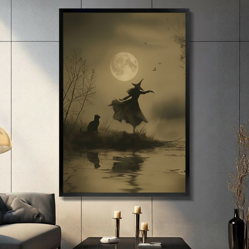 Vintage Witch Moon Dance Black Cat Canvas Art