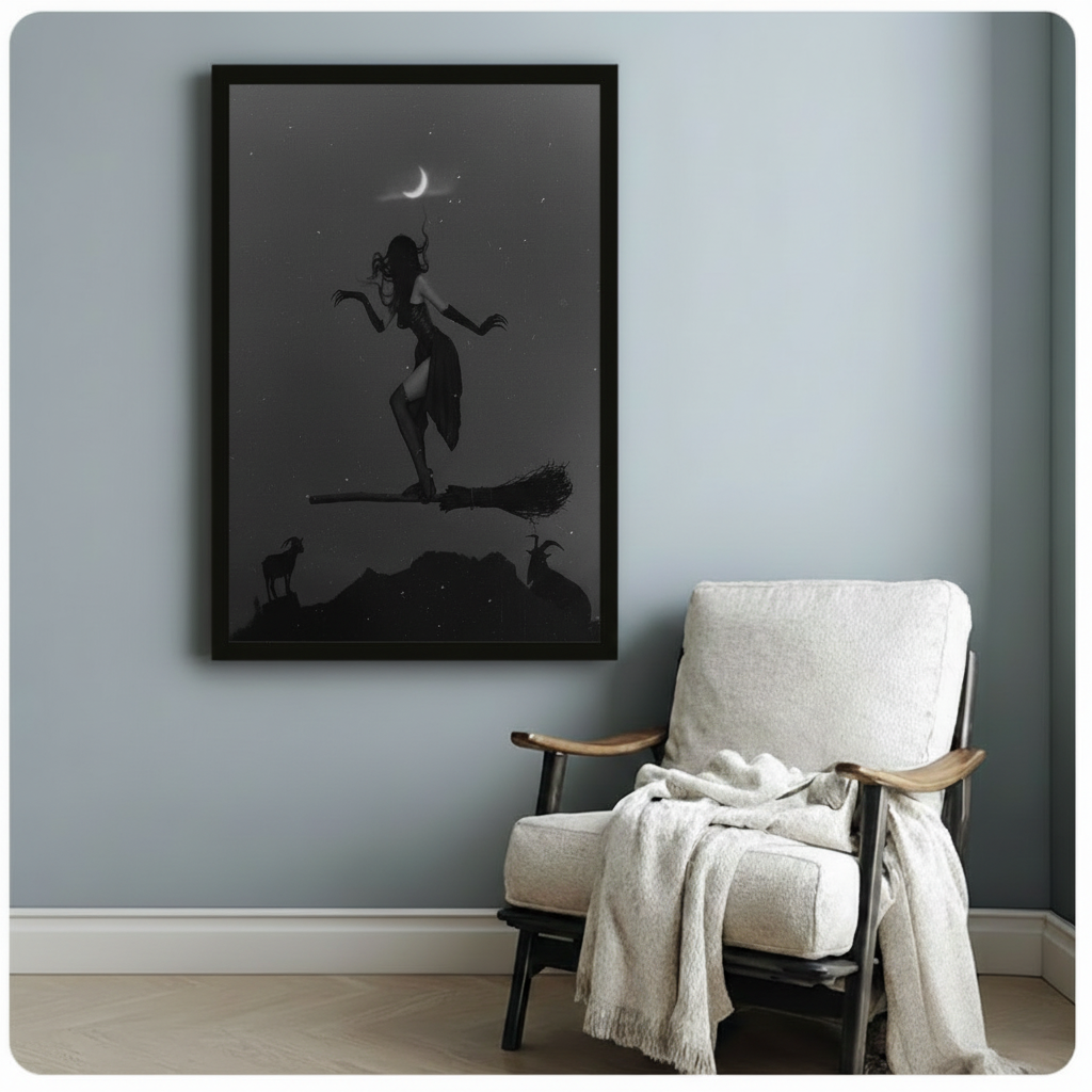 Gothic Witch Night Sky Silhouette Canvas Wall Art