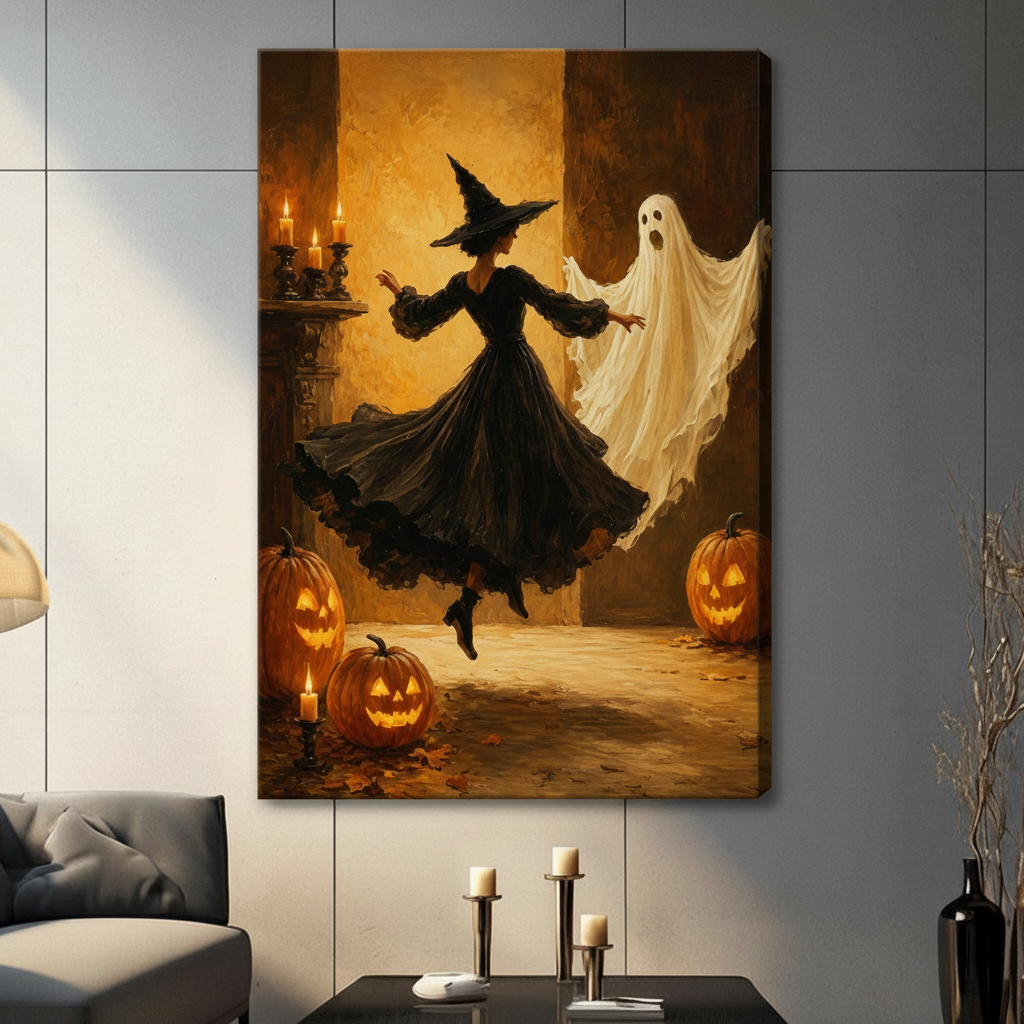 Halloween Witch Ghost Dance Vintage Canvas Art