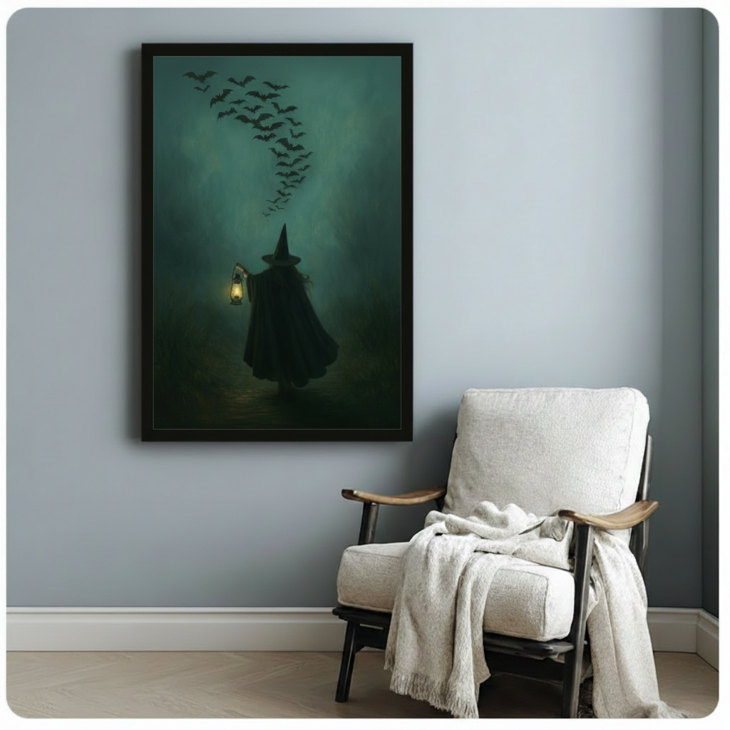 Gothic Witch Lantern Bats Dark Canvas Wall Art