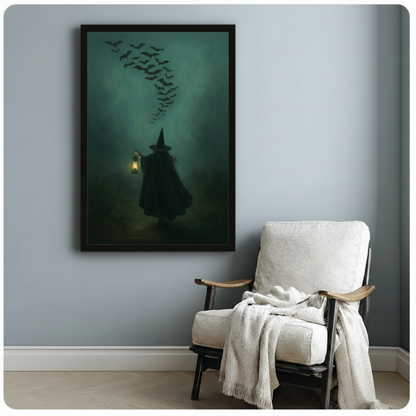 Gothic Witch Lantern Bats Dark Canvas Wall Art