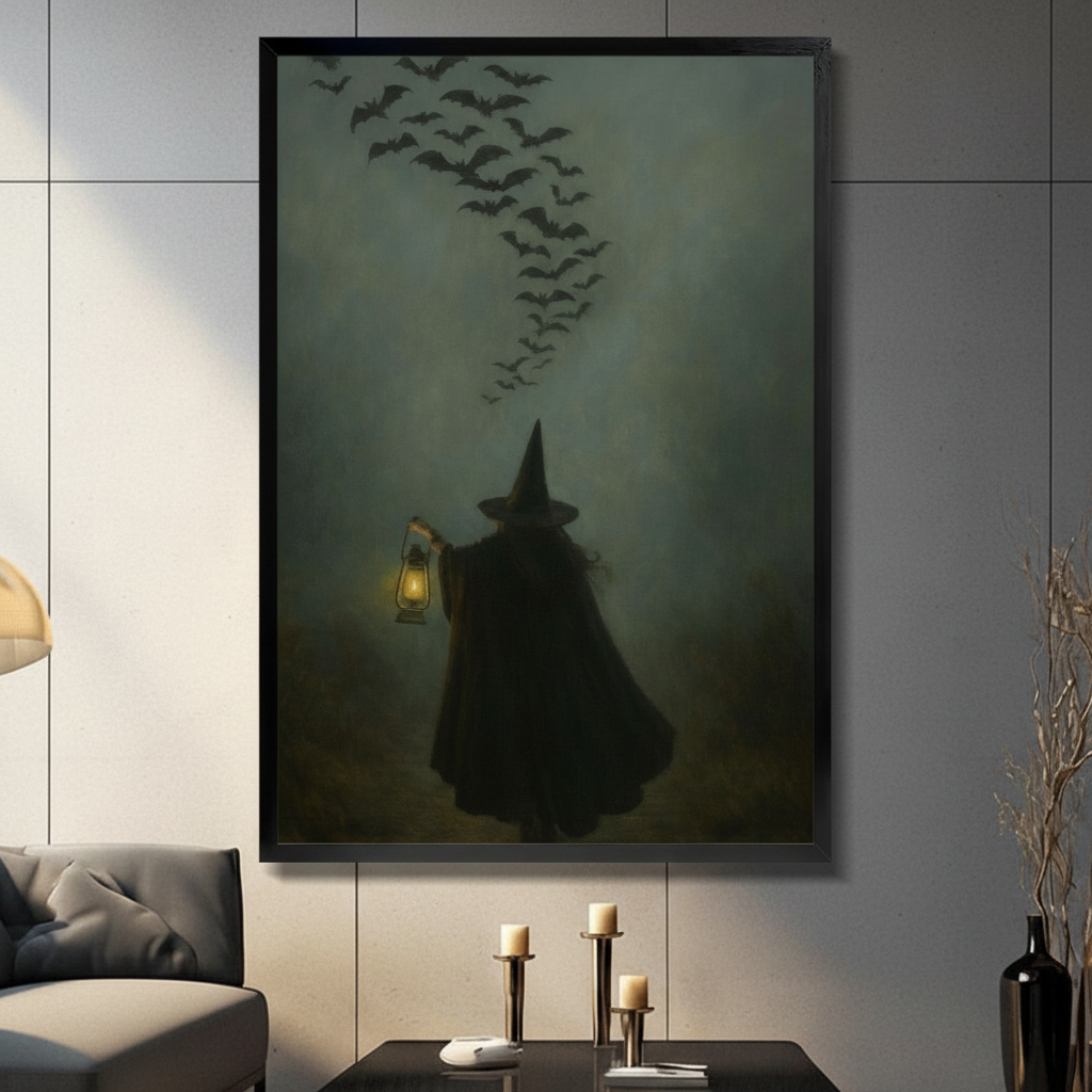 Gothic Witch Lantern Bats Night Canvas Art Wall Art