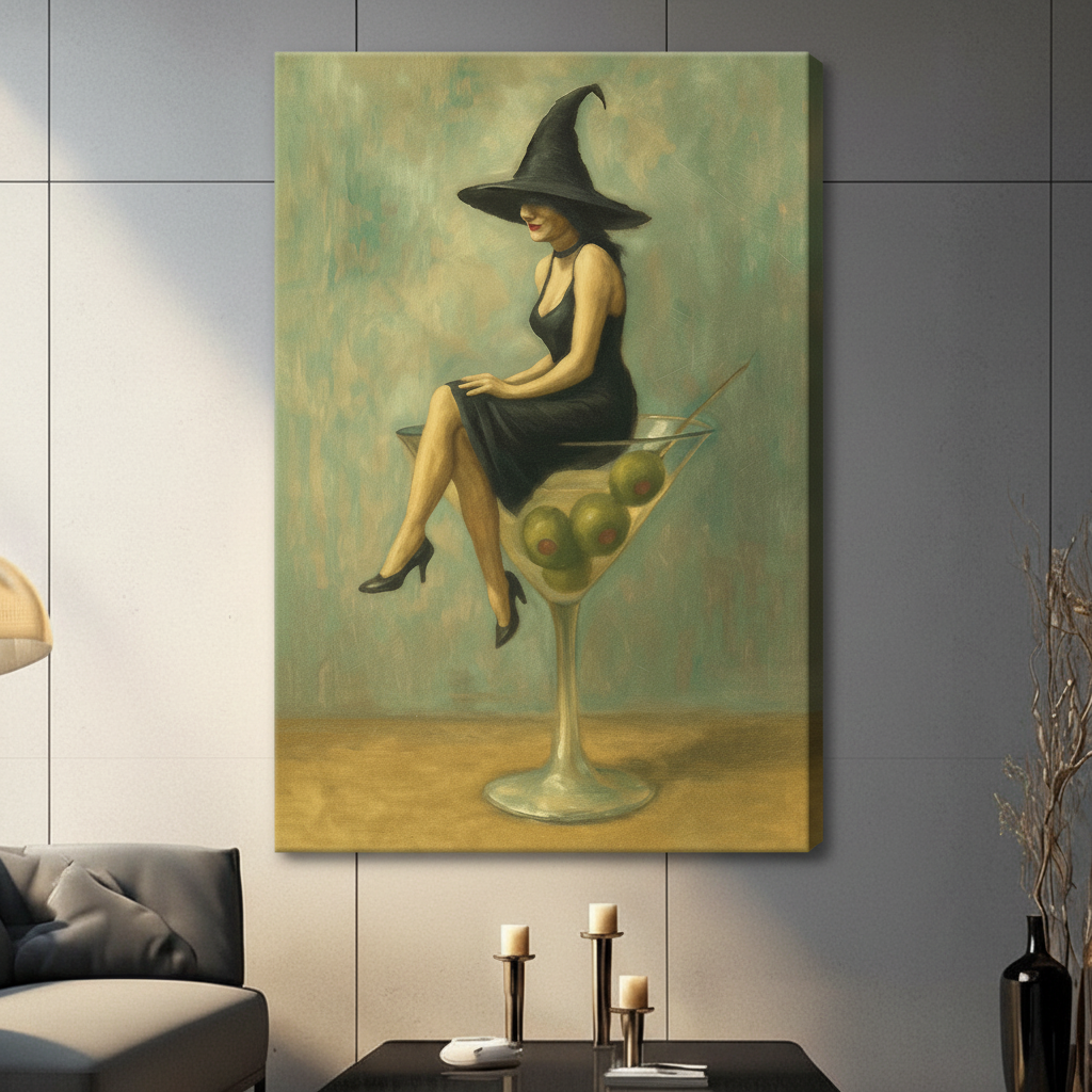 Vintage Witch Sitting Martini Glass Canvas Art