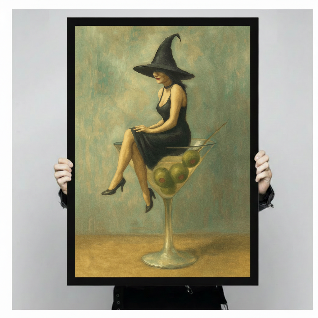 Vintage Witch Sitting Martini Glass Canvas Art