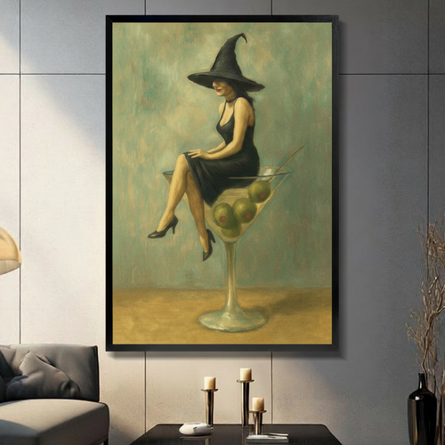 Vintage Witch Sitting Martini Glass Canvas Art