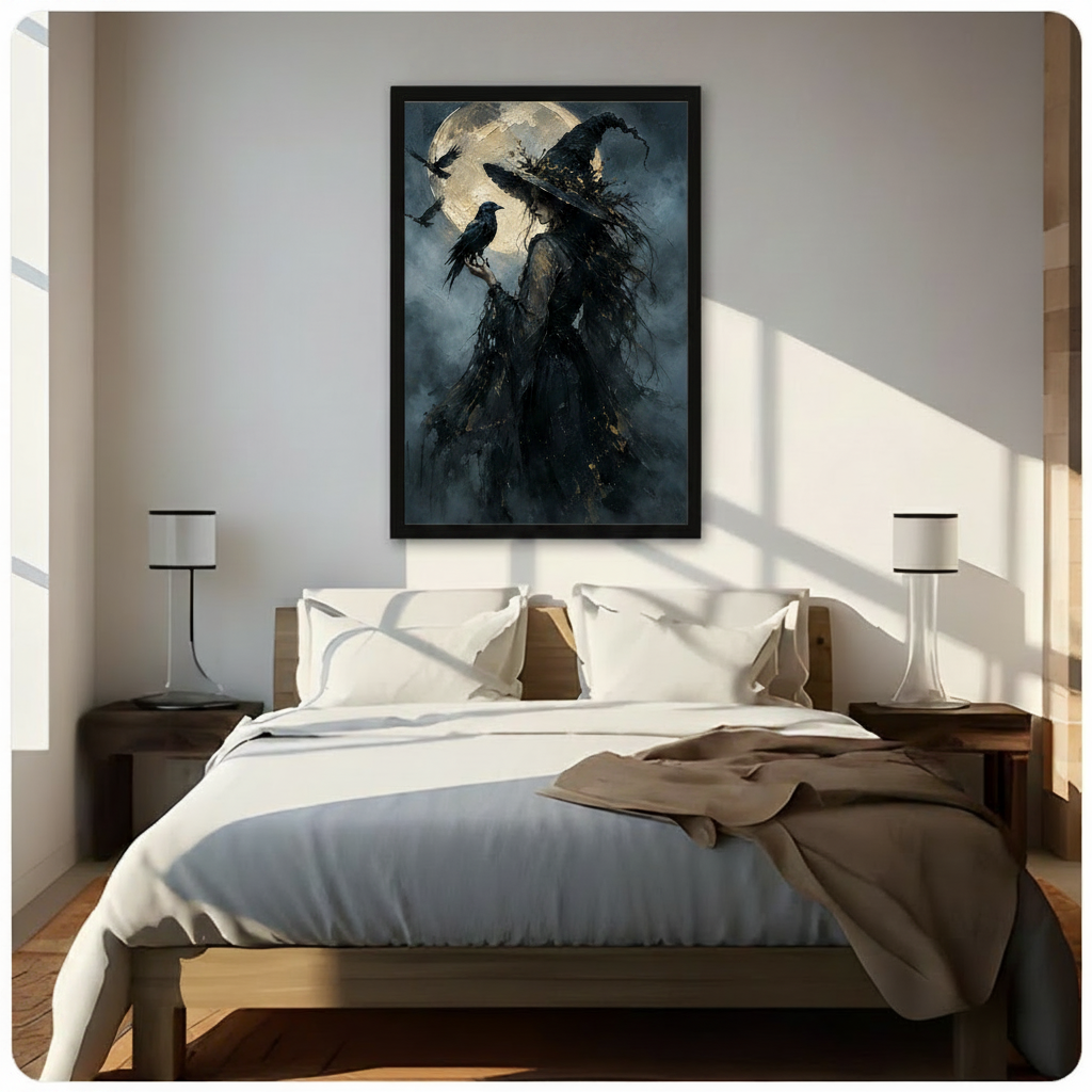Dark Witch Raven Moon Canvas Wall Art