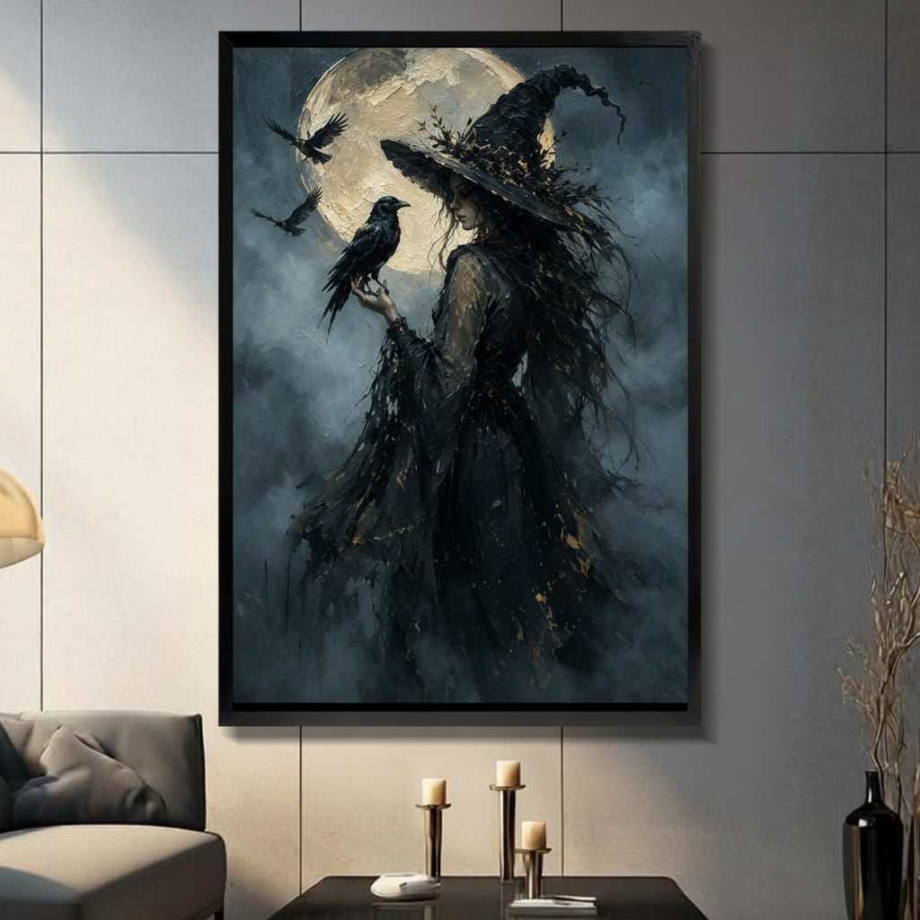 Dark Witch Raven Moon Canvas Wall Art