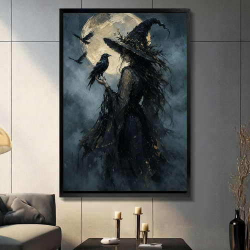 Dark Witch Raven Moon Canvas Wall Art