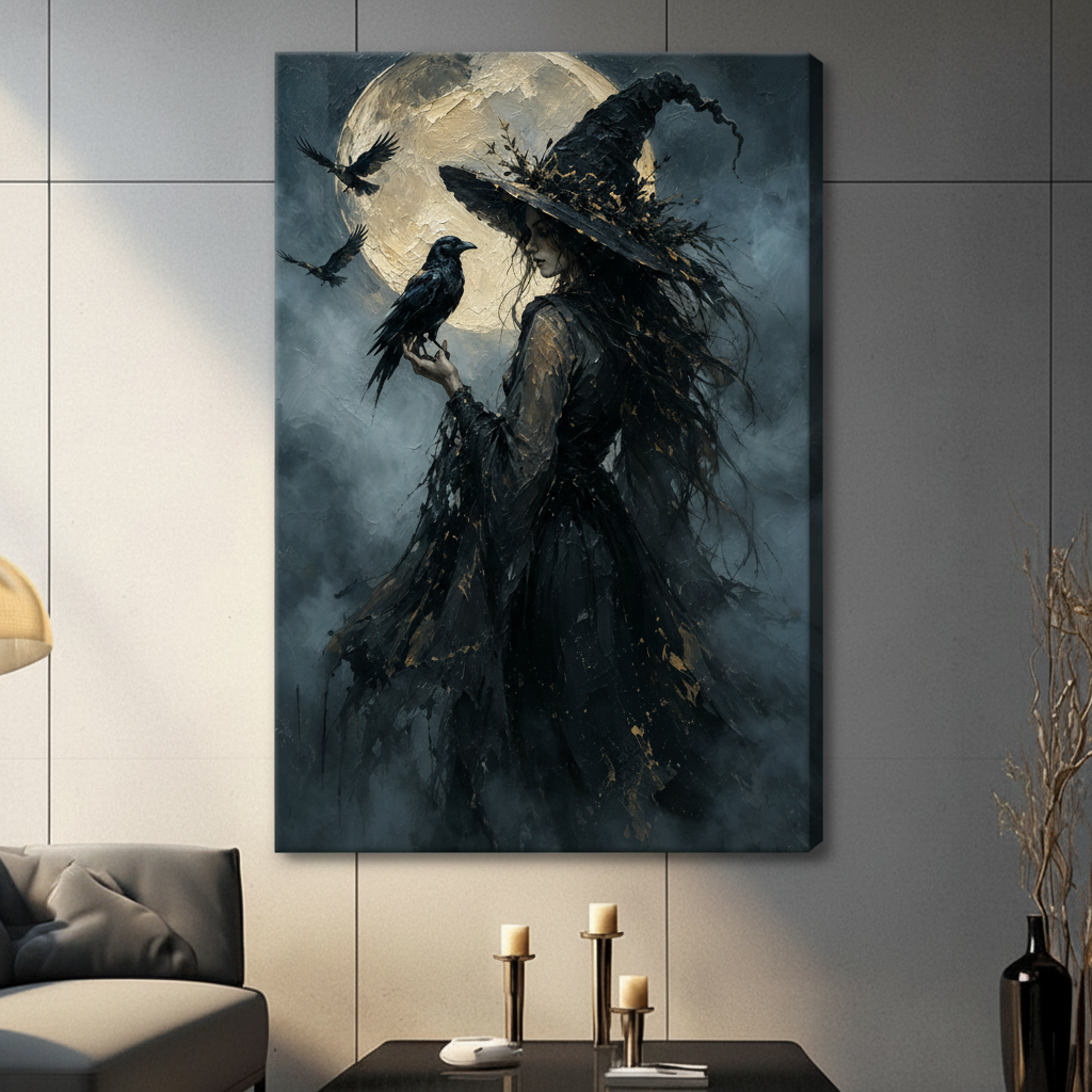 Dark Witch Raven Moon Canvas Wall Art