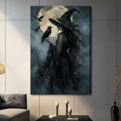 Dark Witch Raven Moon Canvas Wall Art