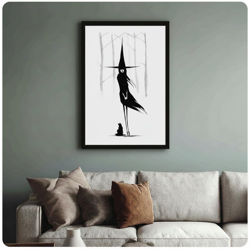 Dark Witch Black Cat Minimalist Canvas Wall Art