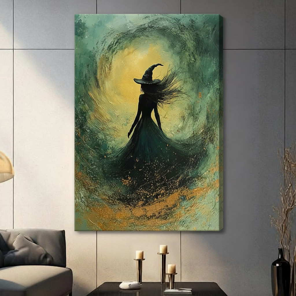 Gothic Witch Swirl Green Gold Canvas Wall Art