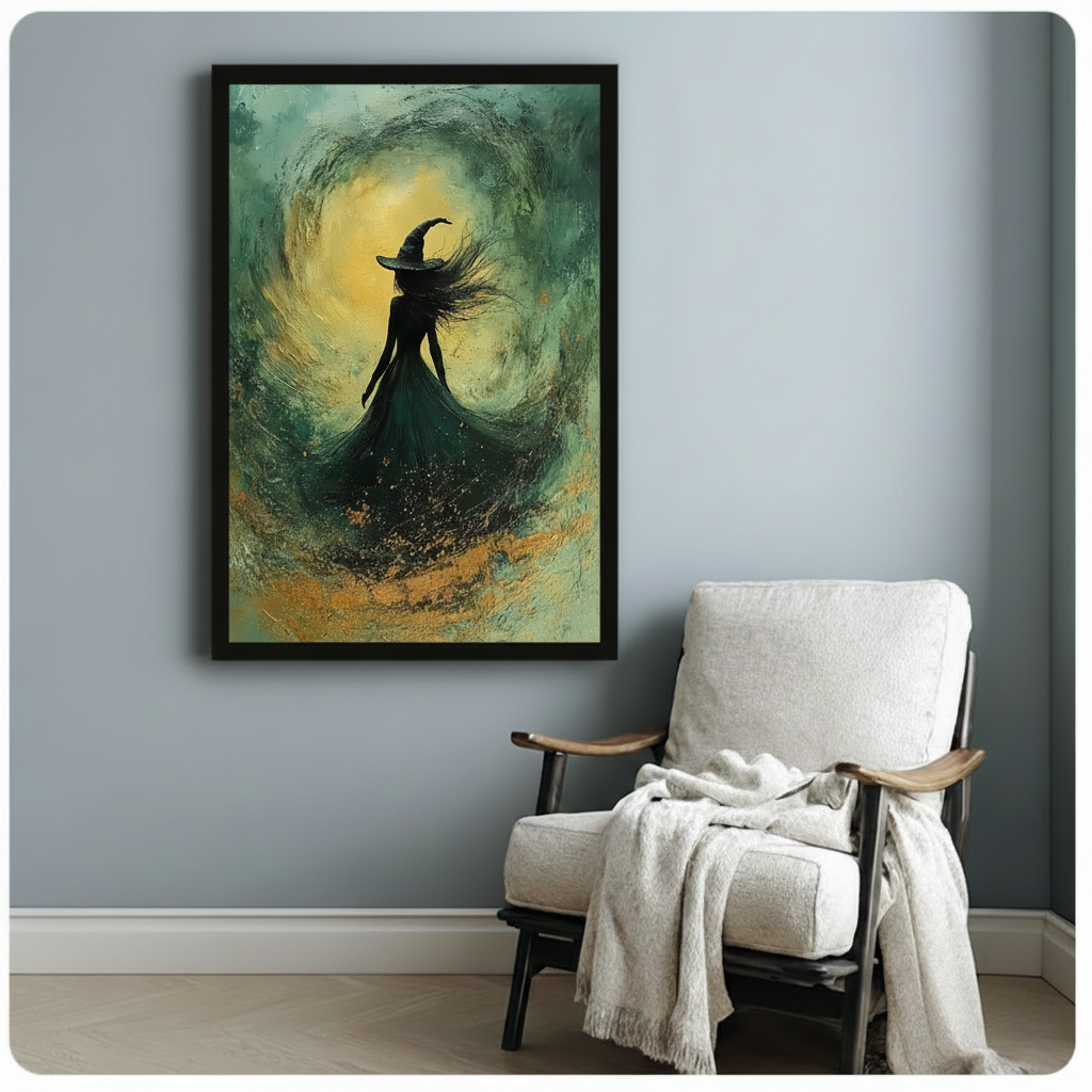 Gothic Witch Swirl Green Gold Canvas Wall Art