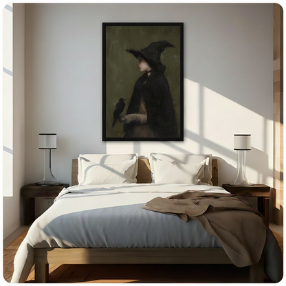 Gothic Witch & Raven Framed Canvas Wall Art