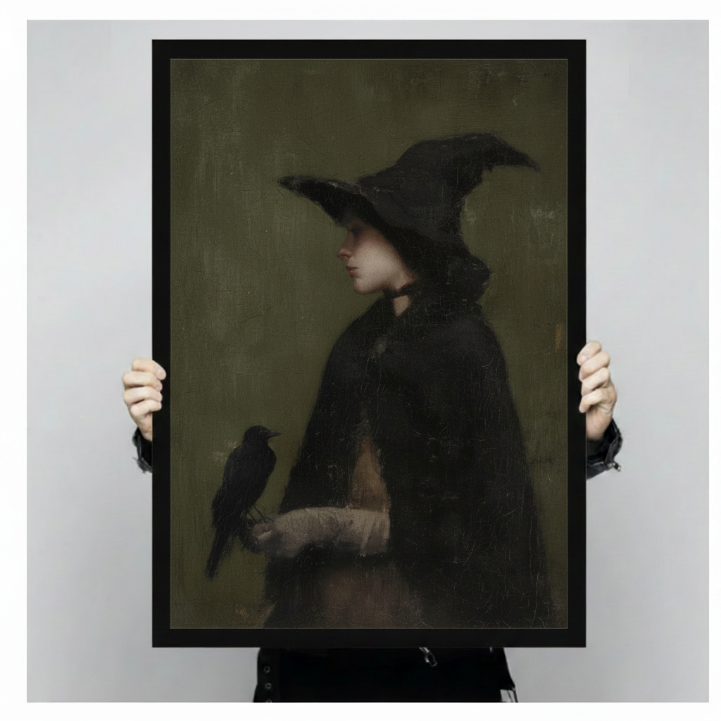 Gothic Witch & Raven Framed Canvas Wall Art
