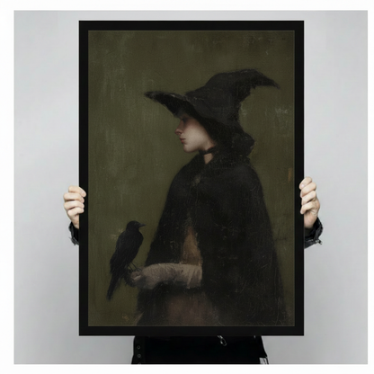 Gothic Witch & Raven Framed Canvas Wall Art