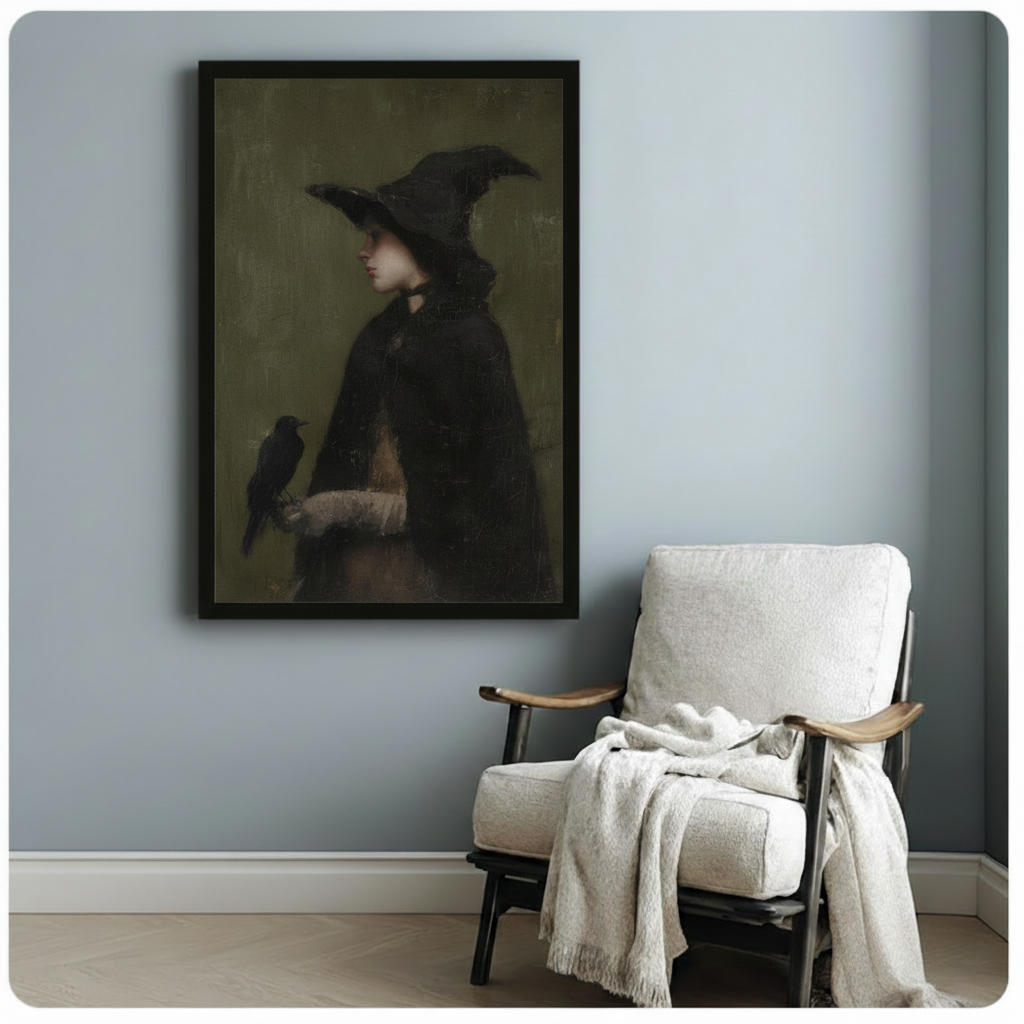Gothic Witch & Raven Framed Canvas Wall Art