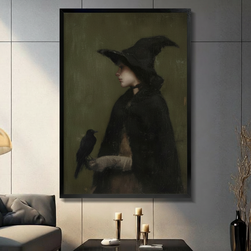Gothic Witch & Raven Framed Canvas Wall Art