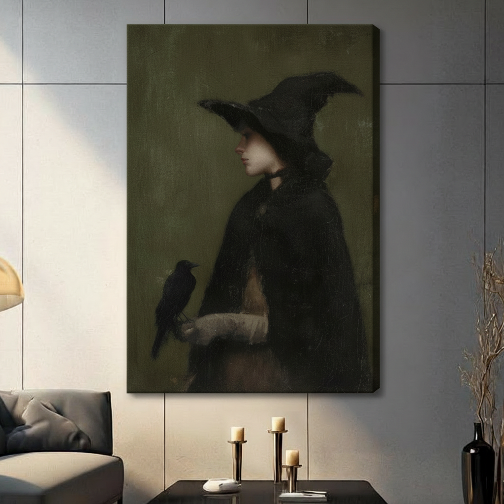 Gothic Witch & Raven Framed Canvas Wall Art