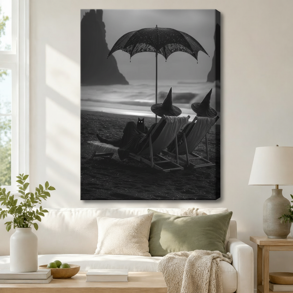 Gothic Witch Black Cat Beach Canvas Wall Art