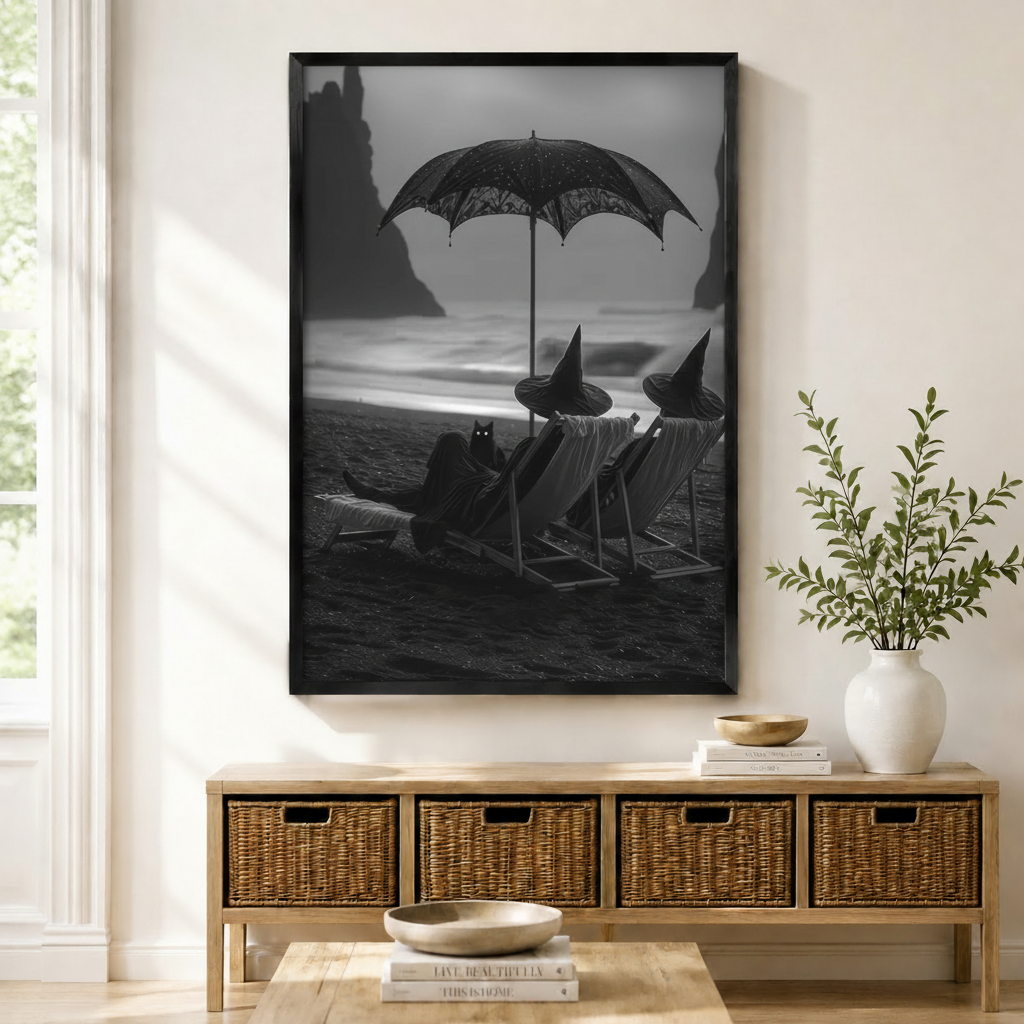 Gothic Witch Black Cat Beach Canvas Wall Art