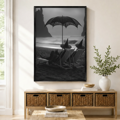 Gothic Witch Black Cat Beach Canvas Wall Art