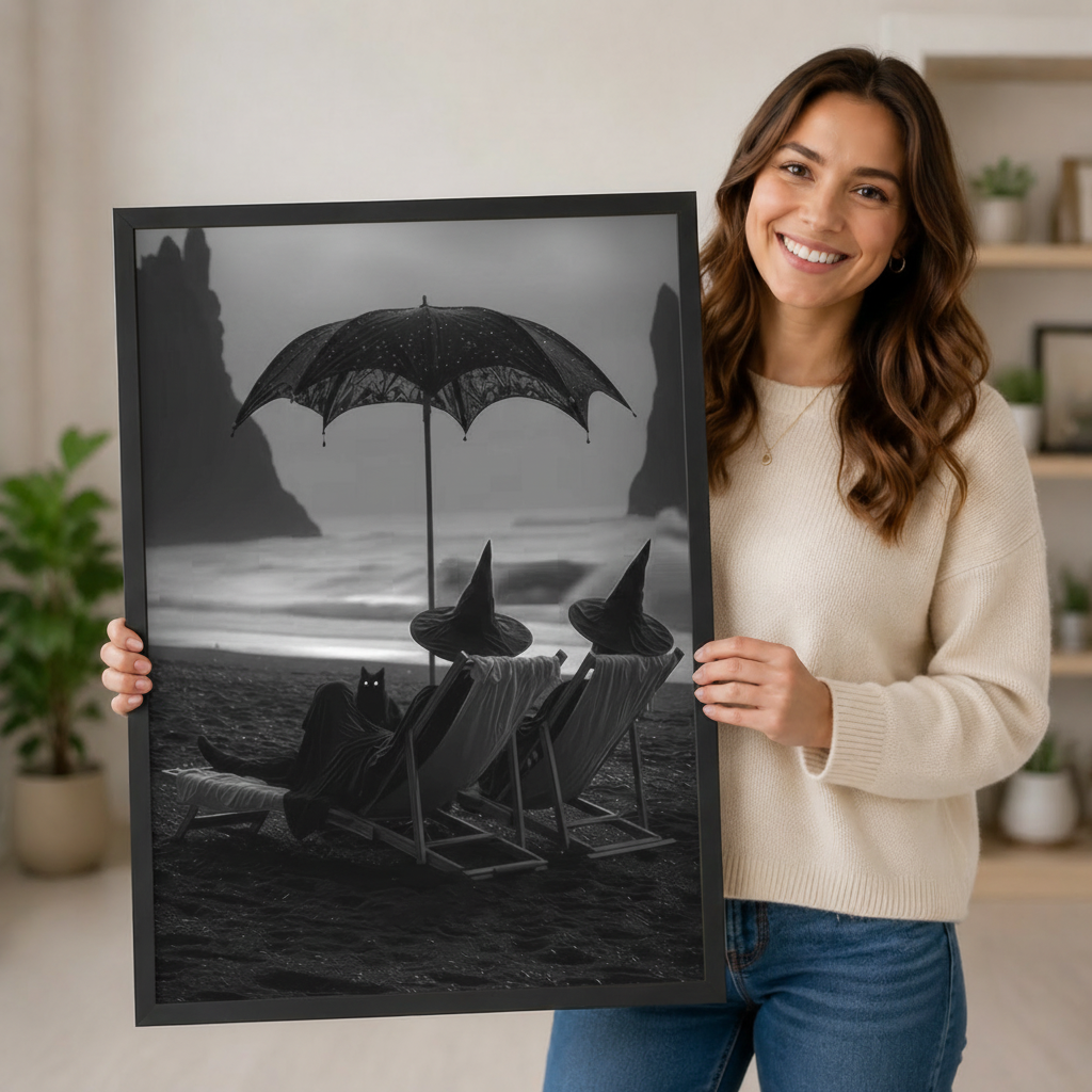 Gothic Witch Black Cat Beach Canvas Wall Art