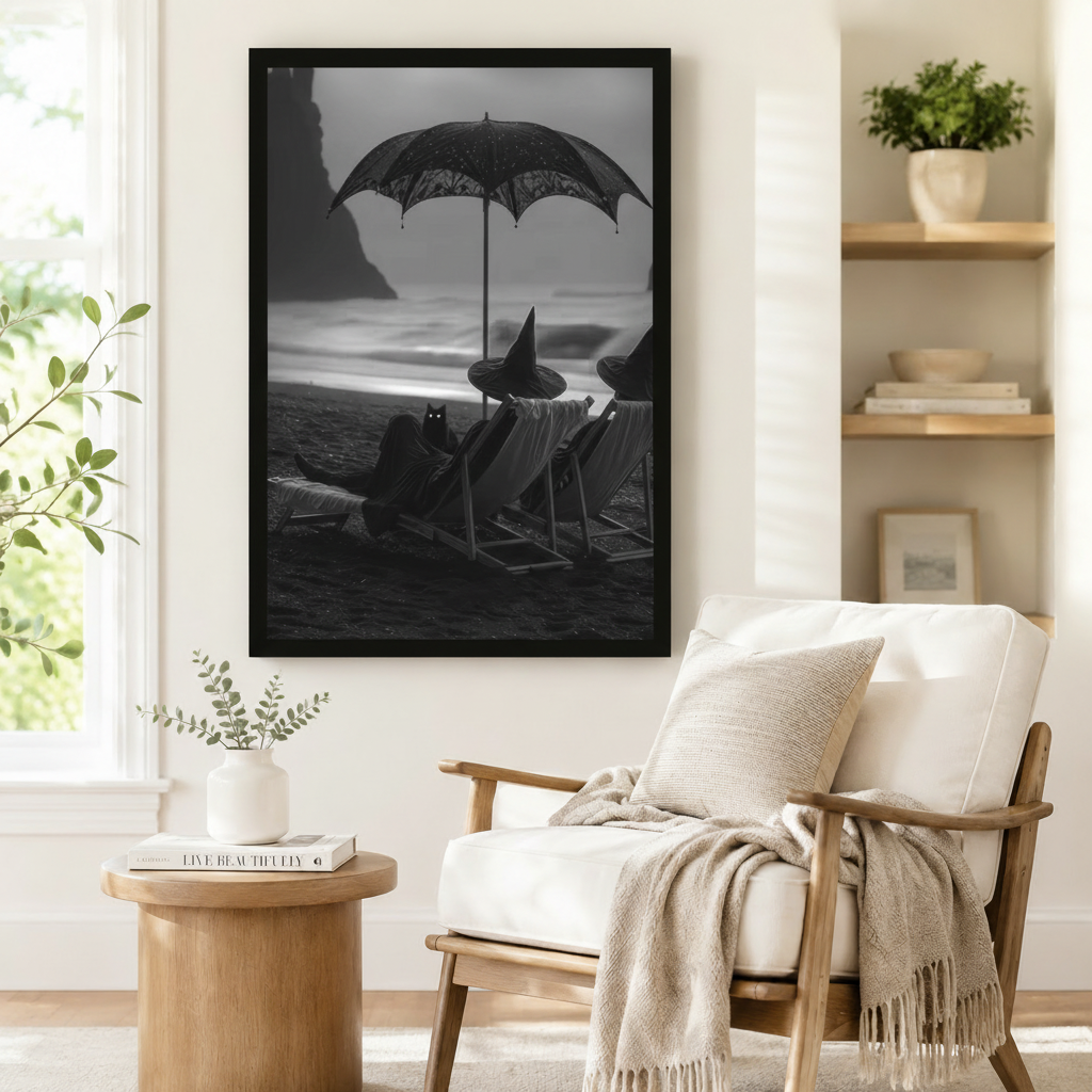 Gothic Witch Black Cat Beach Canvas Wall Art