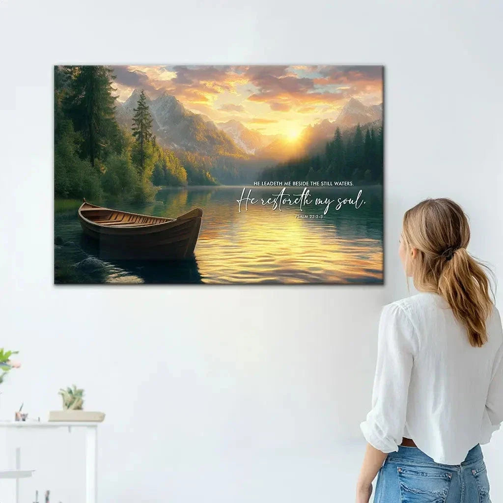 he leadeth me beside the still waters psalm 23 2 3 bible verse wall art canvas (Landscape) (view 5)