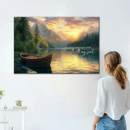 he leadeth me beside the still waters psalm 23 2 3 bible verse wall art canvas (Landscape) (view 5)