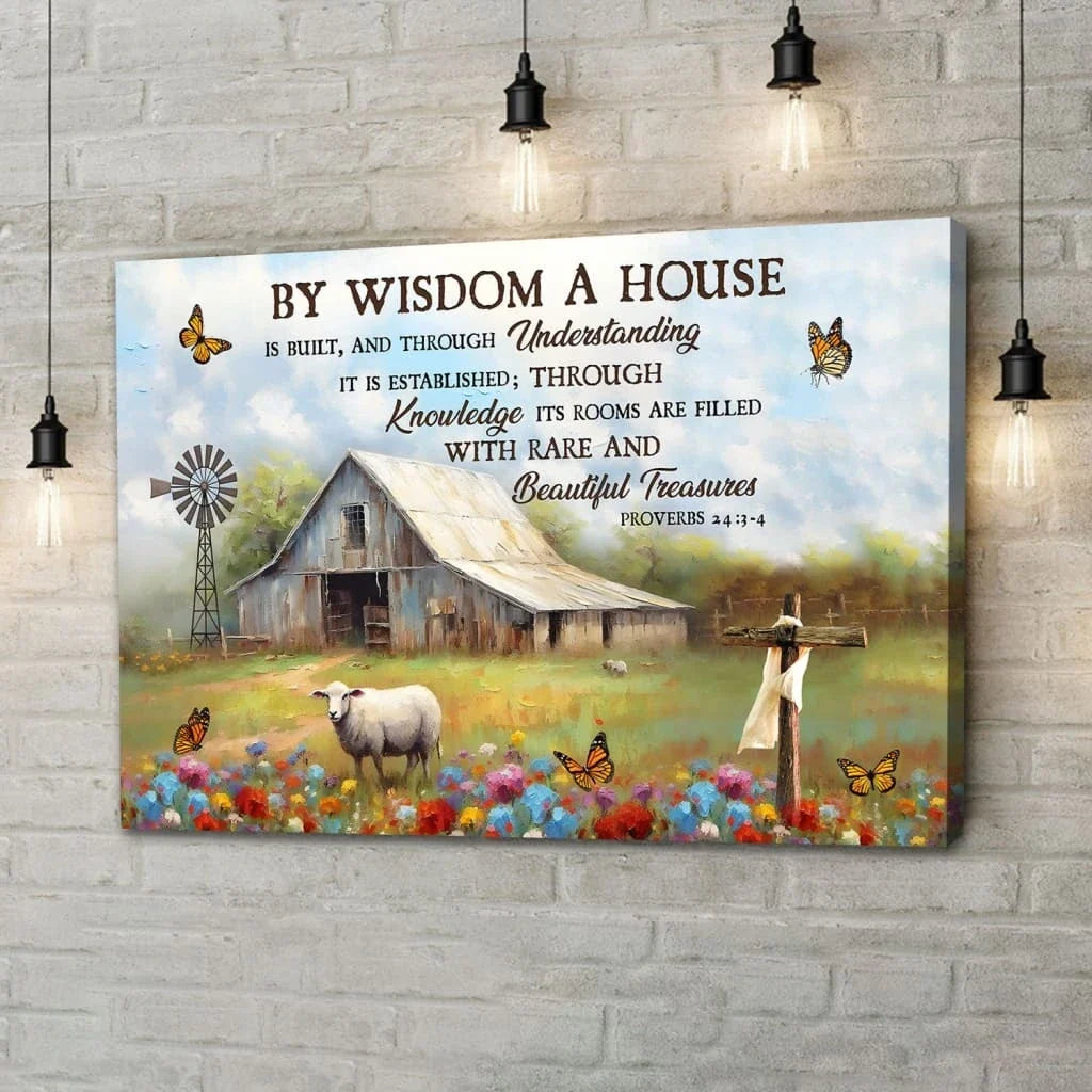 proverbs 24 3 4 by wisdom a house is built canvas old barn sheep christian wall art (Landscape) (view 3)