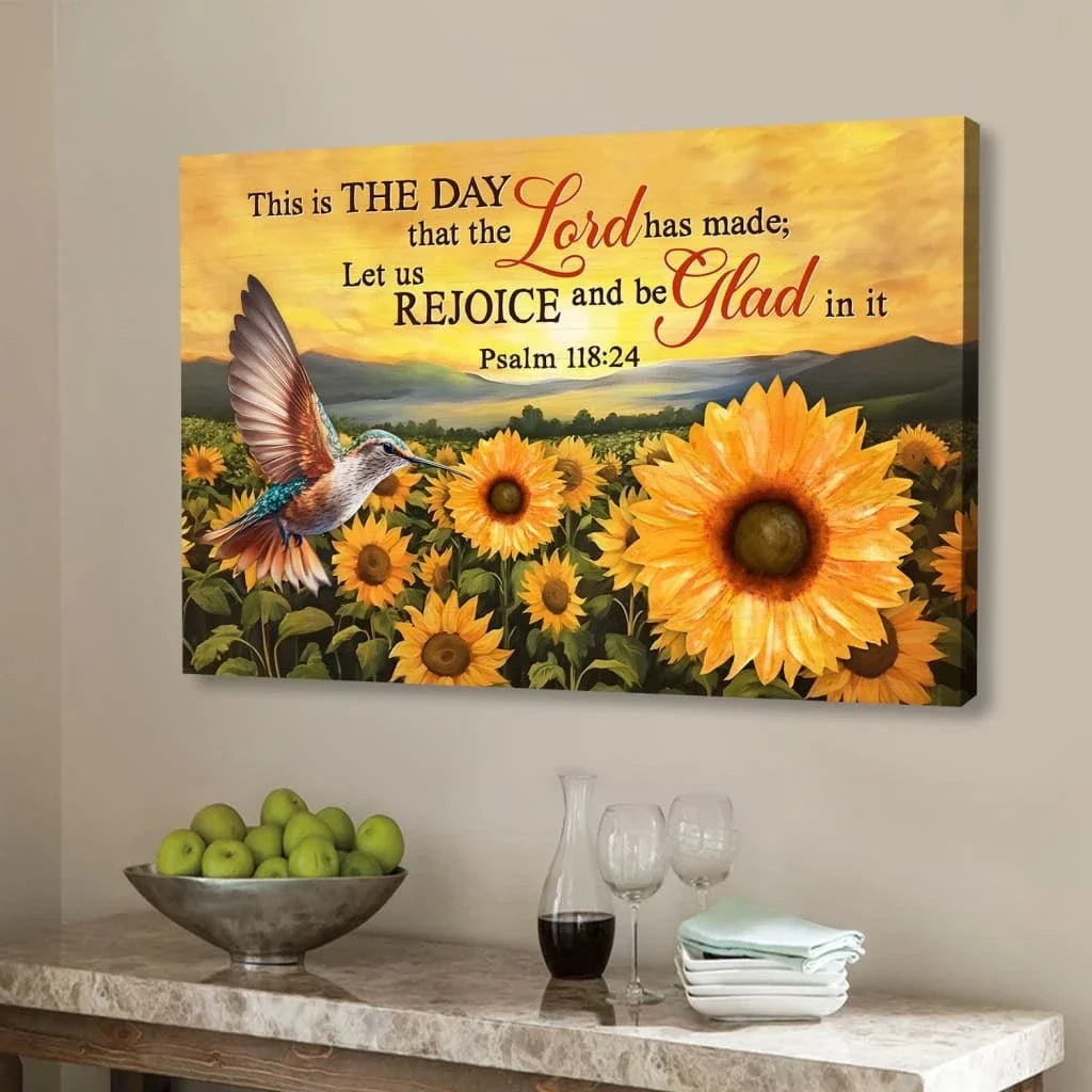 psalm 118 24 this is the day that the lord has made hummingbird sunflower wall art canvas (Landscape) (view 3)