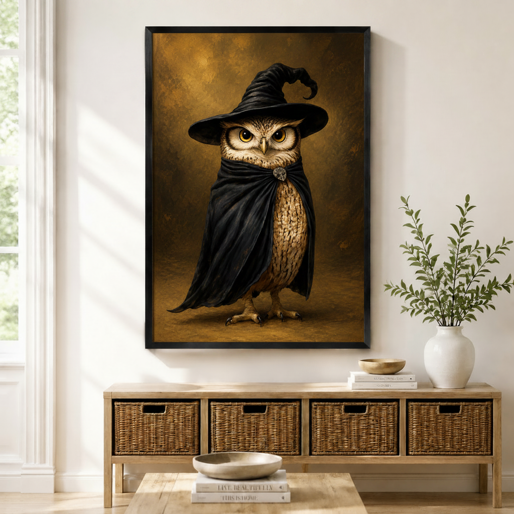 Gothic Witch Owl Halloween Framed Canvas Art Wall Art