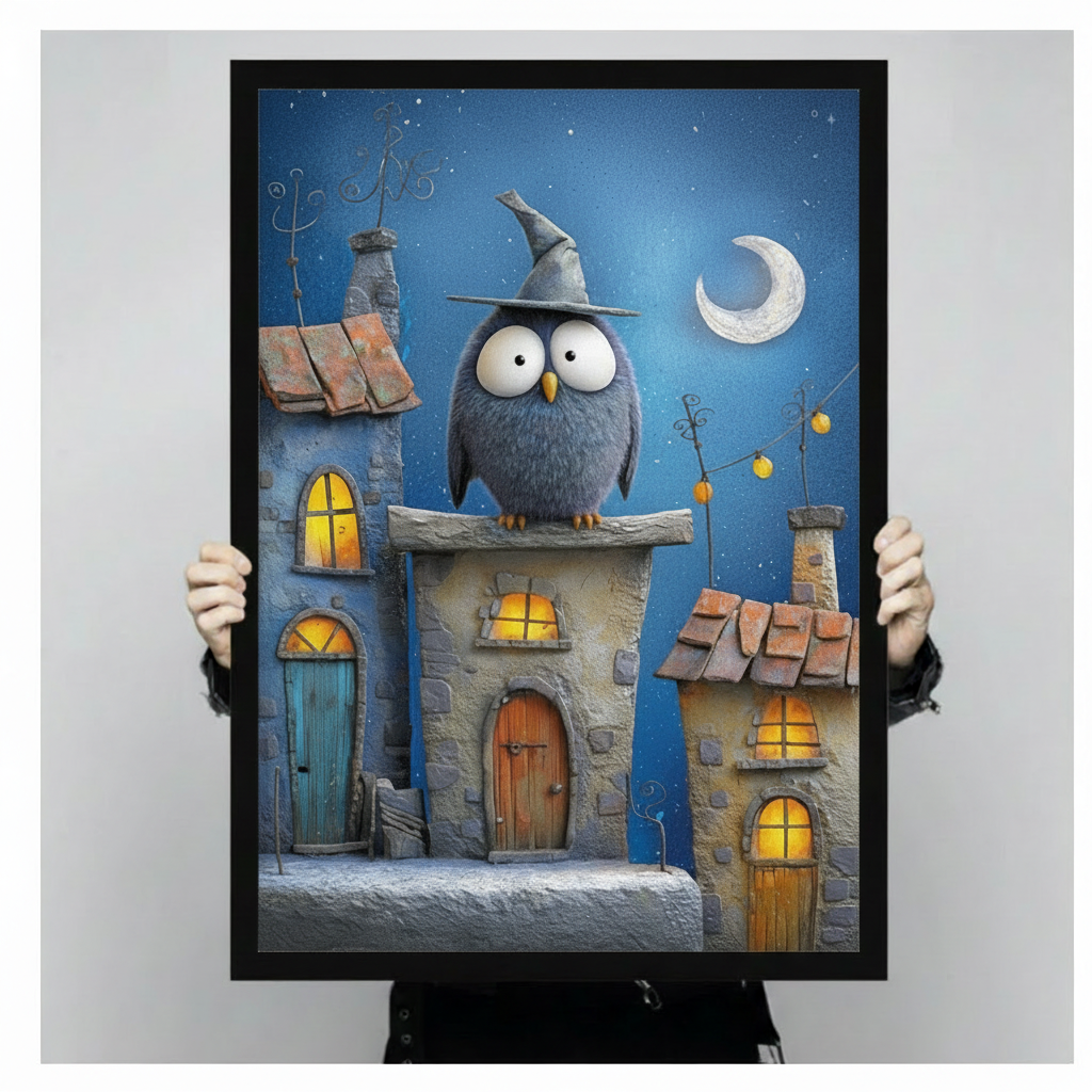 Wizard Owl Night Village Oil Canvas Wall Art