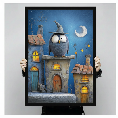 Wizard Owl Night Village Oil Canvas Wall Art