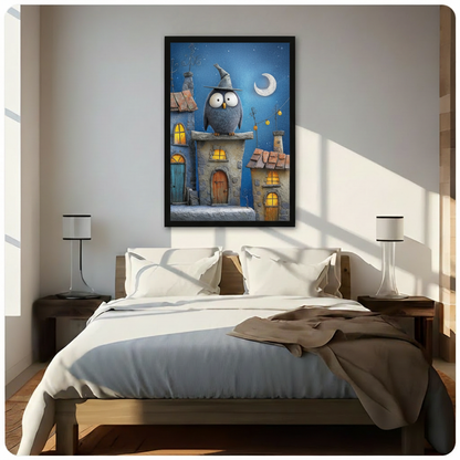 Wizard Owl Night Village Oil Canvas Wall Art
