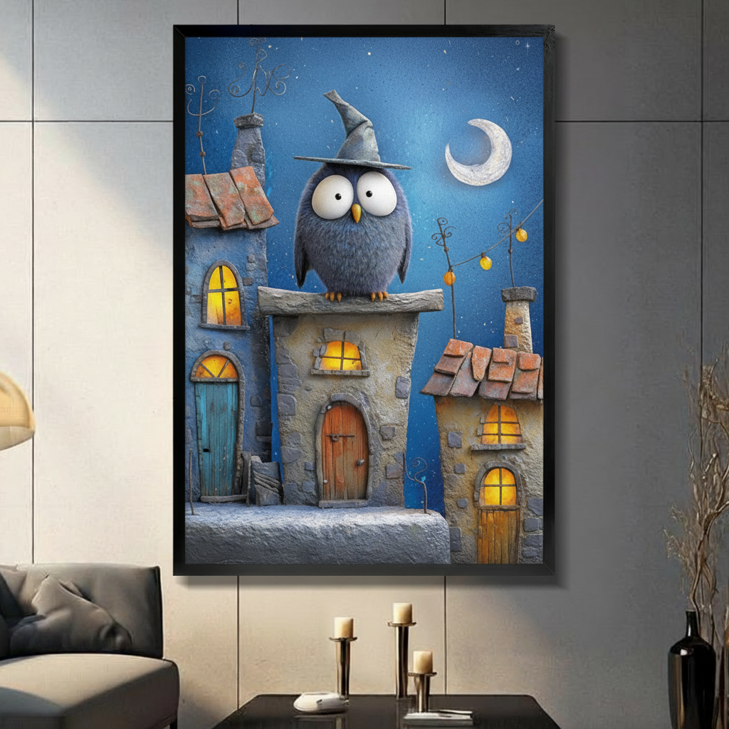 Wizard Owl Night Village Oil Canvas Wall Art