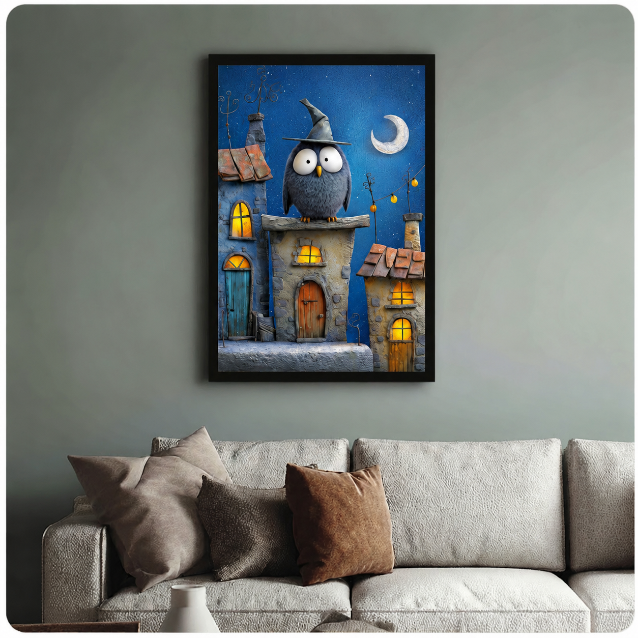 Wizard Owl Night Village Oil Canvas Wall Art